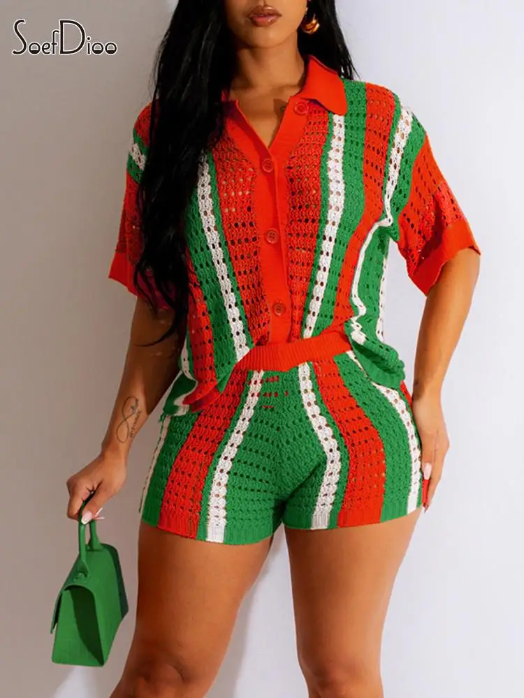 

Soefdioo Contrast Color Knit Two Piece Set Women Casual Short Sleeve Shirt and Shorts Suit 2023 Fashion Street Outfit Tracksuits