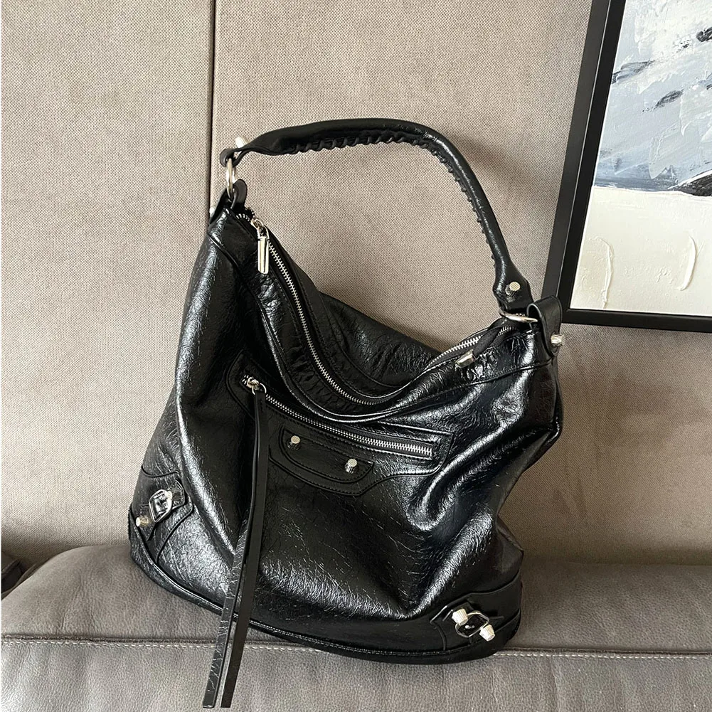 

Men Soft Artificial Leather Large Capacity Casual Tote Shoulder Purse Women Motorcycles Bags Cool Biker Handbags Black Gothic