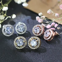 korean fashion female luxury crystal round stud earrings vintage silver color wedding jewelry zircon stone earrings for women