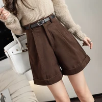 autumn winter 2022 new corduroy womens cargo shorts with belted high waist wide leg shorts vintage female trousers 338a
