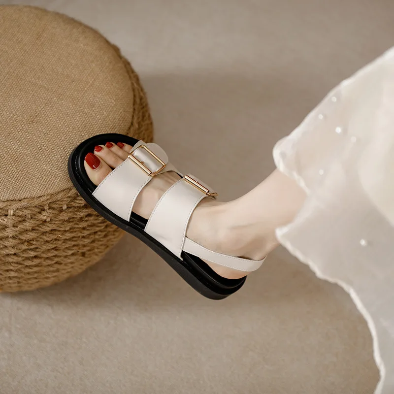 Women Sandals Natural Skin Summer New Genuine Leather Beach Sandals Girls Thick Sole Fashion Open Toe Roman Women's Shoes