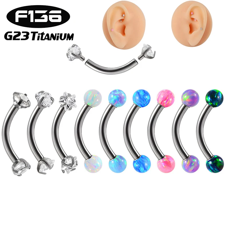

1PC G23 TItanium Piercing Eyebrow Stud CZ Opal Internal Thread Earrings Stud Curved Barbell Helix Conch Rook Body Jewelry 16G