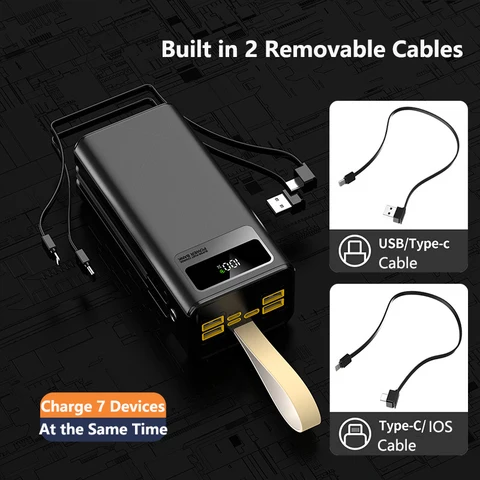 Power Bank 50000 мАч со встроенным кабелем 22,5 Вт PD Быстрая зарядка Powerbank Портативное зарядное устройство для iPhone 16 Xiaomi Samsung