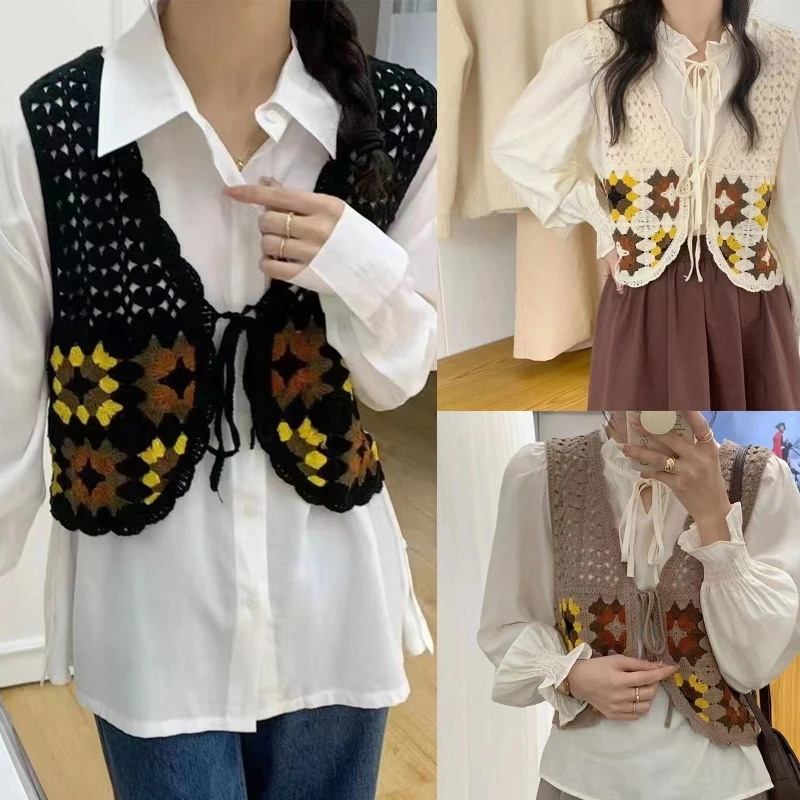 

Women Mini Vest Cropped Cardigan Hollow Out Crochet Plaid Sleeveless Waistcoat