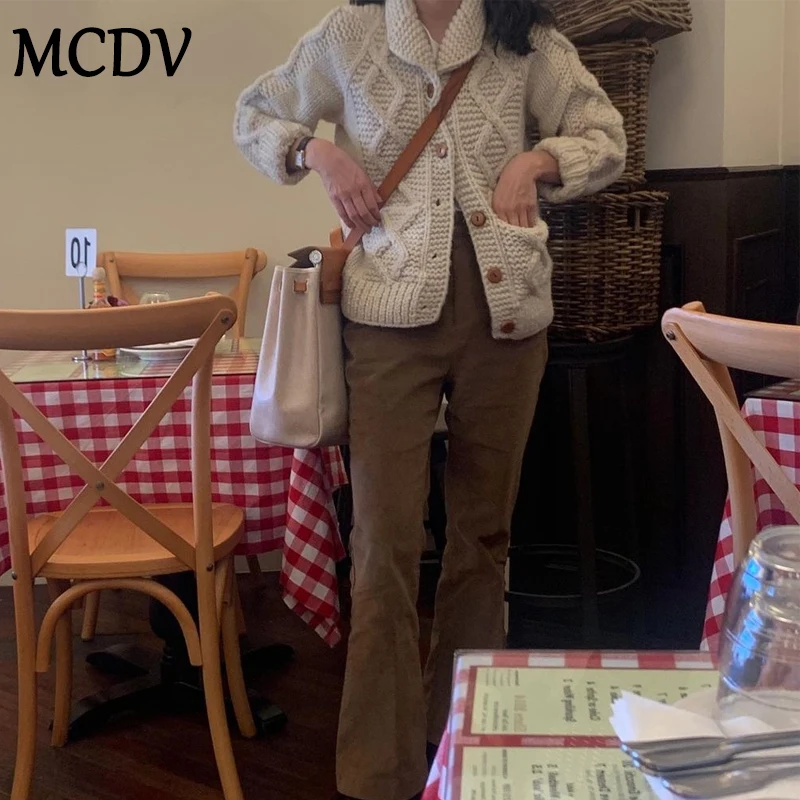 MCDV повседневные однотонные вязаные кардиганы женские однобортный свитер с
