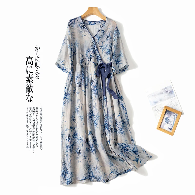 

Платье женское ТРАПЕЦИЕВИДНОЕ с принтом, тонкое льняное Платье небесно-голубого цвета, с завязкой, с V-образным вырезом, рукавом до локтя, до середины икры, весна-лето Y2k