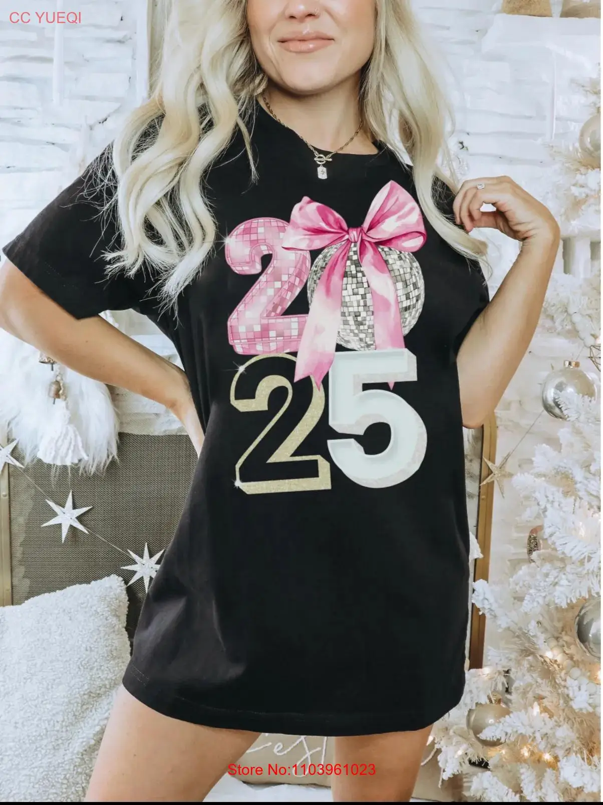 Футболка с диско-шаром 2025 года модный Новый год розовым бантом идеальный