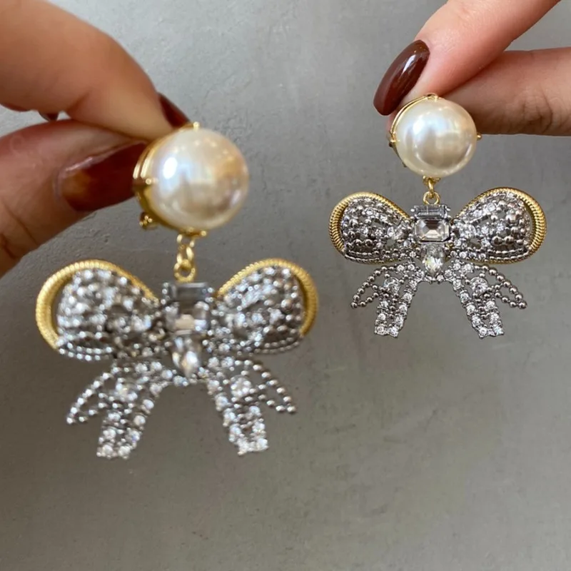 

Lovely Bowknot Sparking Rhinestone Dangle Earrings Half Round Simulated Pearl Gold Plating for Women Party statement Jewelry