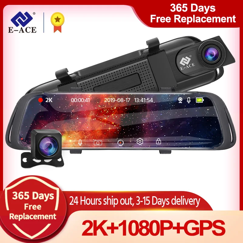 E-ACE 2K Car DVR Mirror 10 Inch Car Video Recorder 1080P Rearview Camera Support GPS Night Vision Auto Record Dashcam Dual Lens