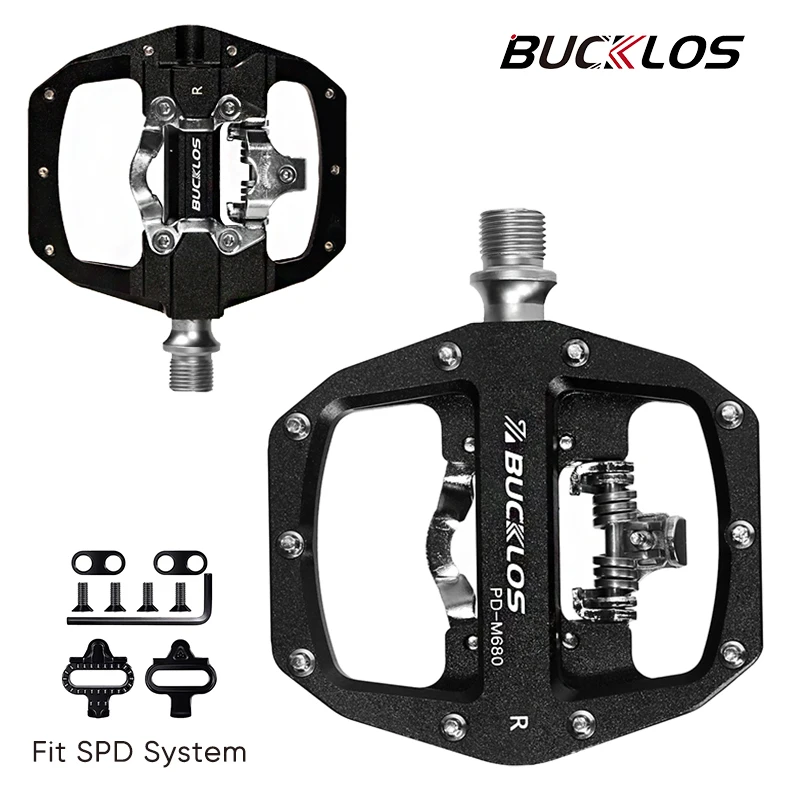 

BUCKLOS MTB Pedals Double Function Bicycle Pedal MTB Flat Platform Locked Fit SPD System Non-slip Mountain Bike Pedal with Cleat