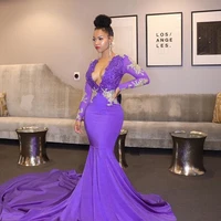 purple prom dress full sleeve elegant long evening dresses 2022 deep v neck formal dress shining lace appliques party gown robe