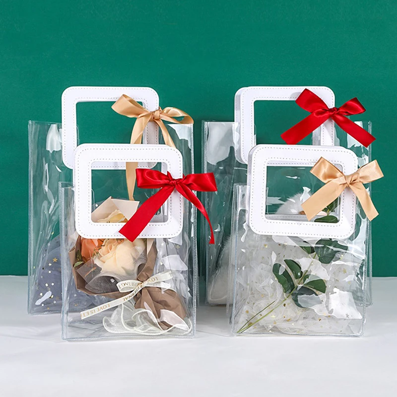 

Transparent Gift Tote Bag with Handle Pvc Wedding Candy Bouquet Pakcaging Bag Clear Toy Bag Christmas Gift Packaging