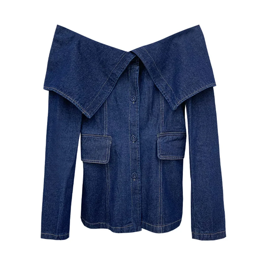 Женские джинсовые рубашки с открытыми плечами модная блузка длинным рукавом