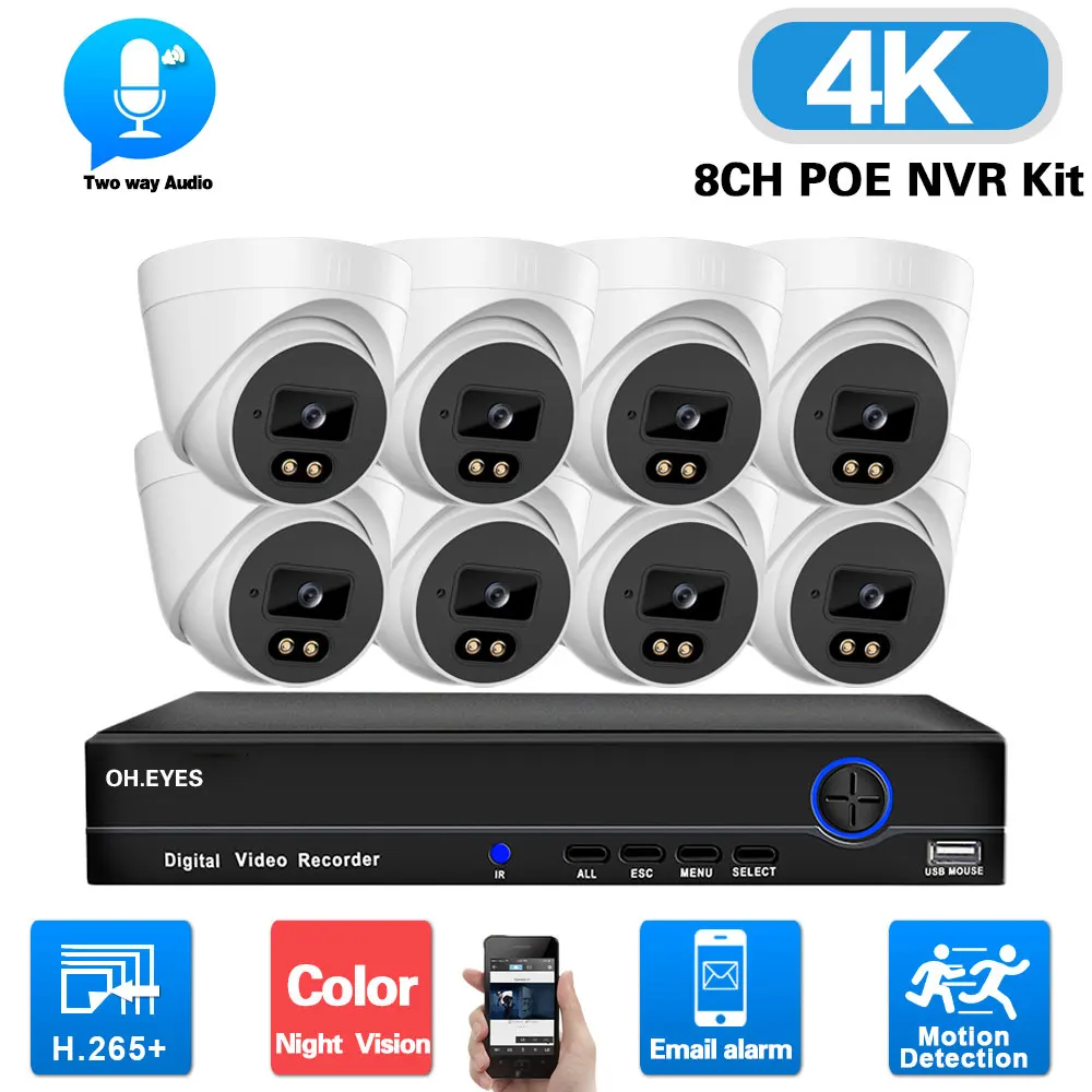 

Купольная камера видеонаблюдения 4K с питанием по Ethernet, система видеонаблюдения с питанием по Ethernet, 8 каналов, цветной сетевой видеорегистра...