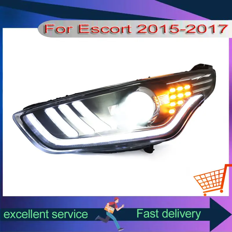 Фото Автомобильные фары для Ford Escort 2015-2017, фара в сборе, ремонт в стиле Mustang, светодиодные DRL с двойной проекционной линзой, ксеноновая передняя лампа №2
