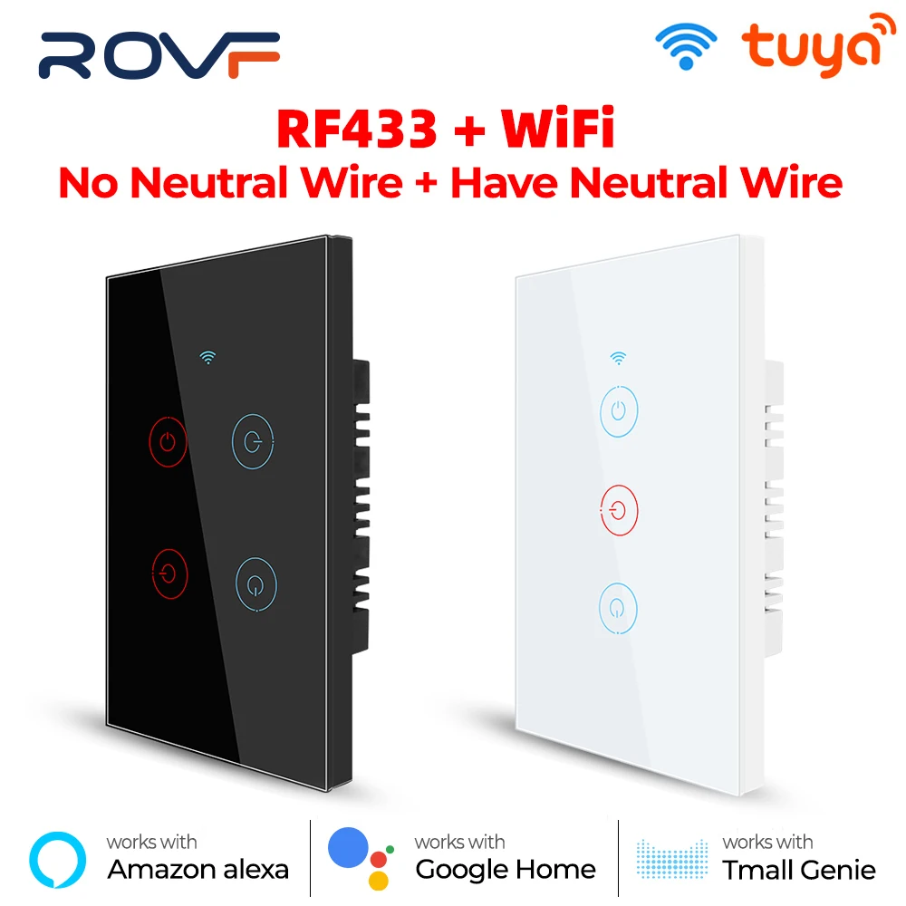 

ROVF Tuya WiFi Switch Smart Wall Touch Light 1/2/3/4 Gang 110V 220V Neutral Wire US App Glass Timer For Google Home Alexa