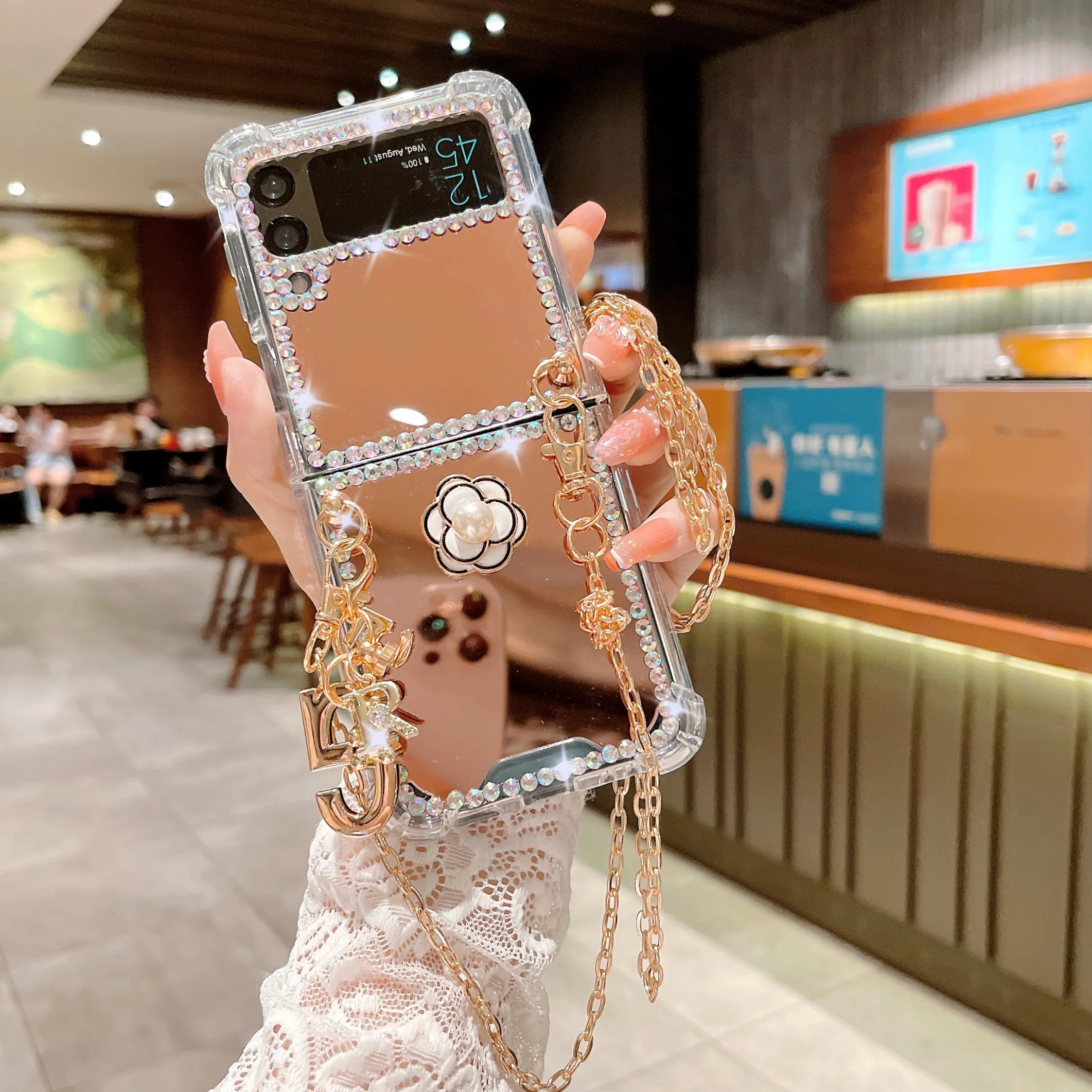 

Роскошное алмазное косые крестообразное зеркало для макияжа для Samsung Galaxy ZFlip4 Z Flip3, милый чехол со шнурком ZFlip4 Flip3 Z Flip3, тонкий жесткий чехол