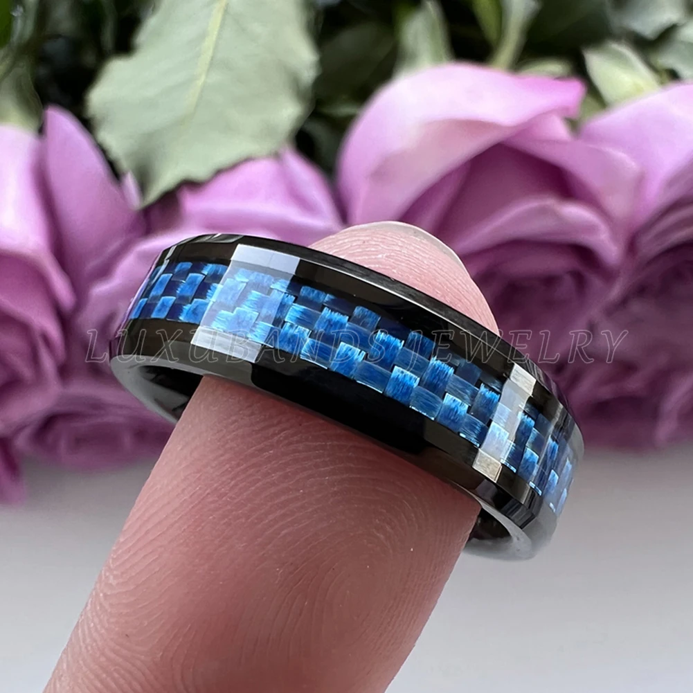 

Tungsten Carbide Ring For Men Women 6mm 8mm Blue Carbon-Fiber Inlay Black Beveled Edges Polished Finish Fashion Comfort Fit