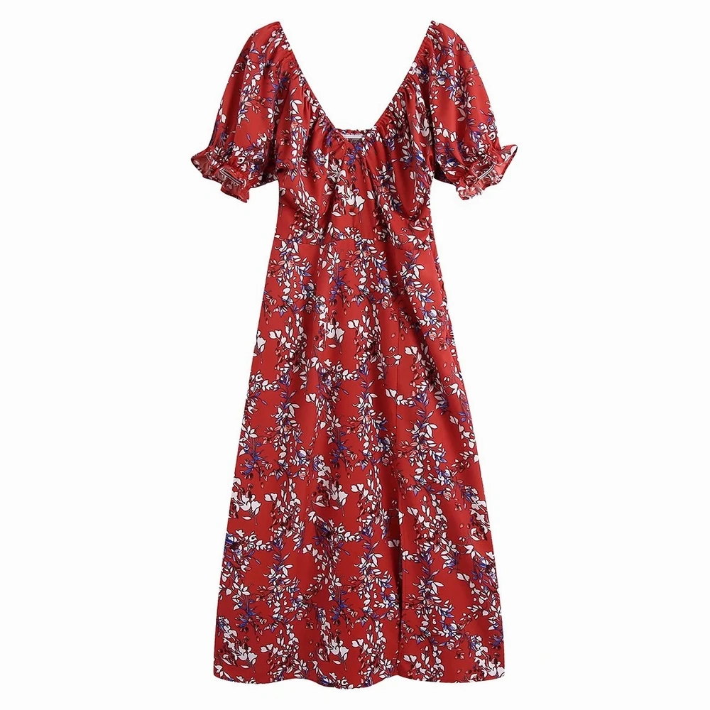 

Женское Цветочное платье с коротким рукавом и V-образным вырезом, до середины икры