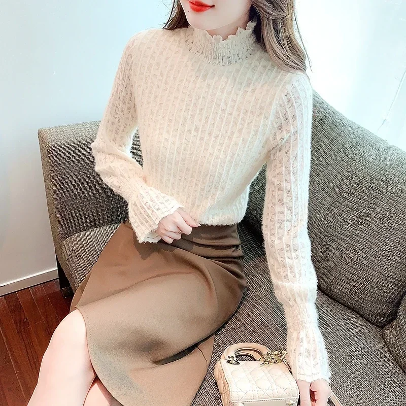 Модная кружевная женская блузка с рюшами и длинным рукавом бархатная утепленная