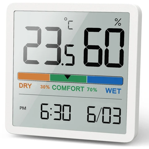 Многофункциональный цифровой измеритель температуры и влажности с ЖК-дисплеем, комнатный термометр, гигрометр, часы, монитор для дома, спальни, детской комнаты, 2 шт.