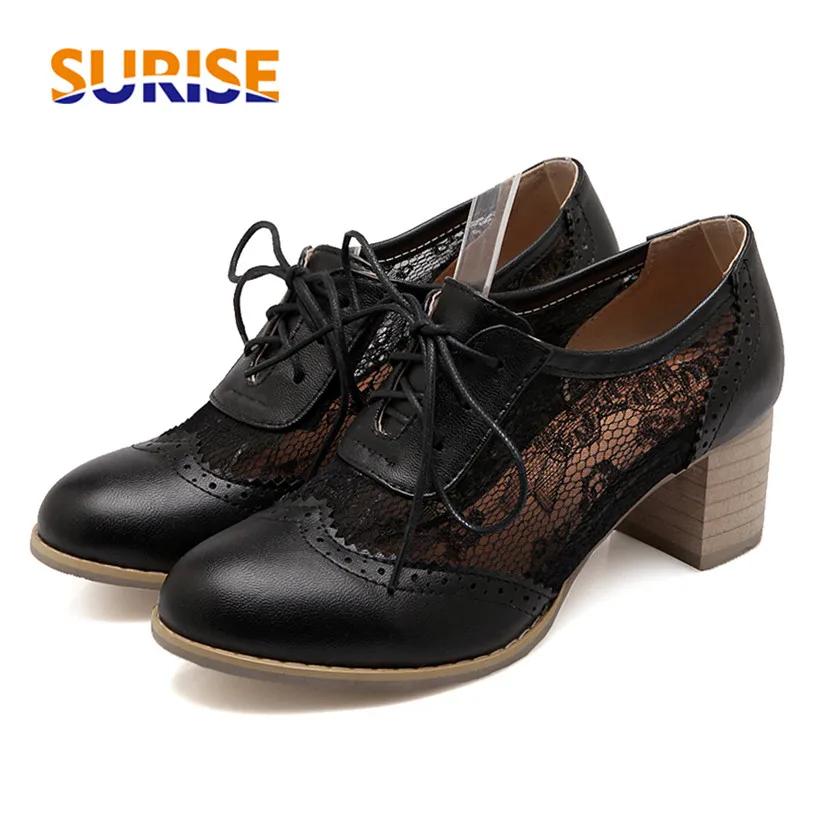 

Summer Embroider Breathable Mesh PU Leather Women Pumps Round Toe Brogues Vintage Derbies High Block Heel Lace Up Ladies Oxfords
