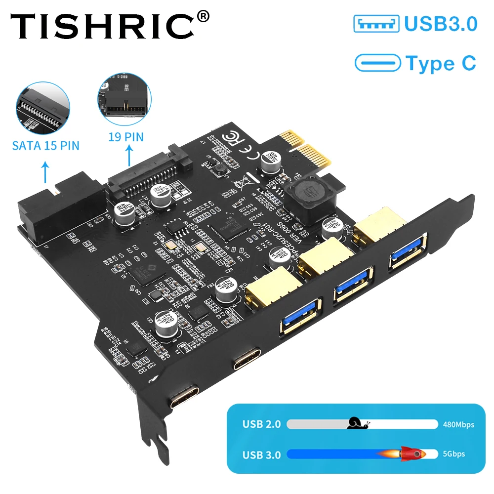 TISHRIC новая PCIE USB 1X на 2Type-C Расширительная карта 3 USB 8/10 Type-C адаптер PCI Express x16 слот SATA Pin для Windows 7/