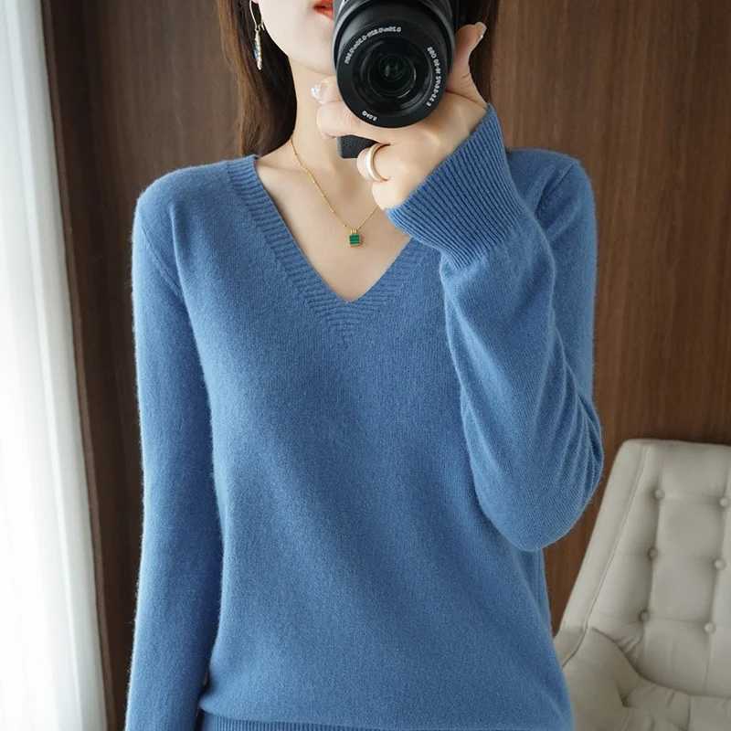 

Women Sweater Spring Autumn Knitted Pullovers V-neck Slim Fit Bottoming Shirt Solid Soft Knitwear Jumpers Basic Sweaters