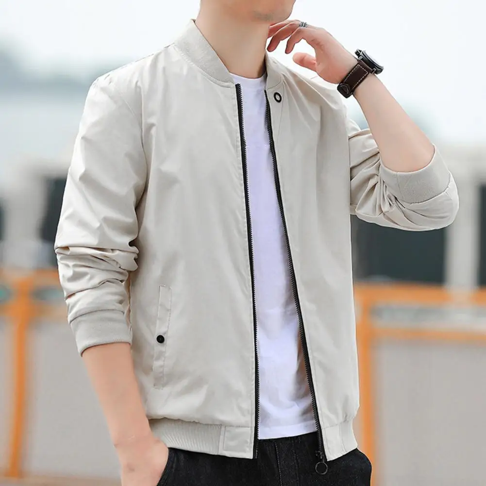 

Men Coat Solid Color Long Sleeve Stand Collar Zipper Pockets Spring Autumn Slim Fit Cargo Coat Baseball Jacket Men Clothing