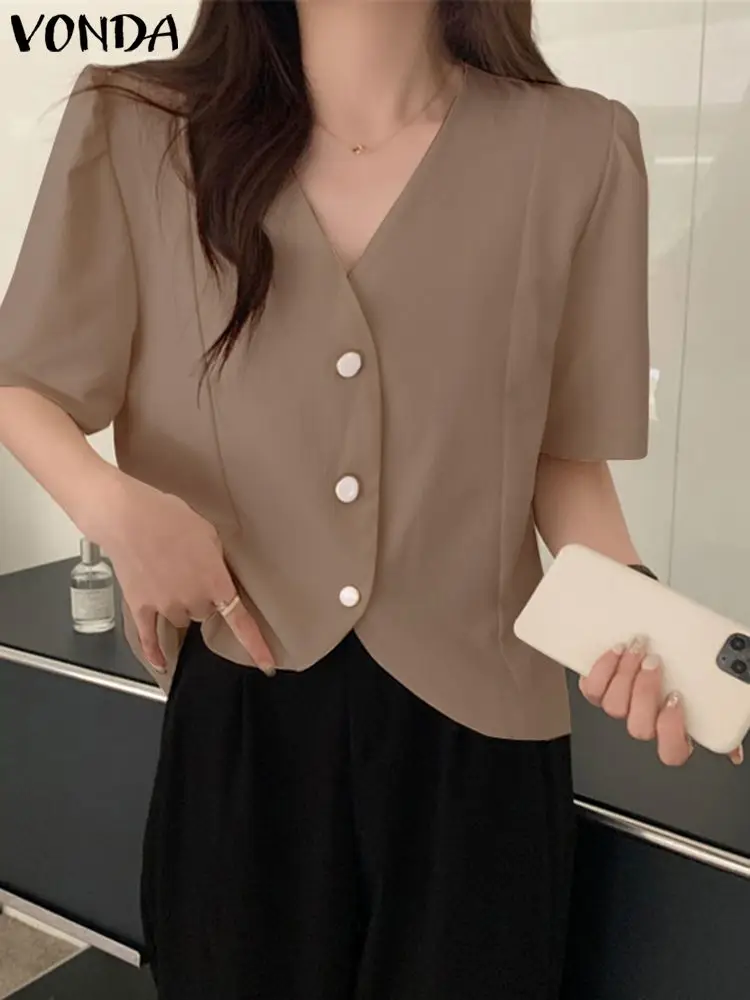 

Рубашка VONDA Женская Повседневная Свободная однотонная с V-образным вырезом и коротким рукавом