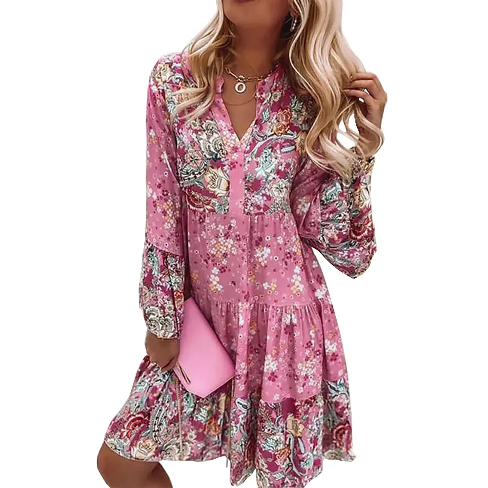 

Spring Summer Dresses for Women 2022 V Neck Floral Print Patchwork Flare Sleeve V-Neck Loose Beach Boho Women Dress