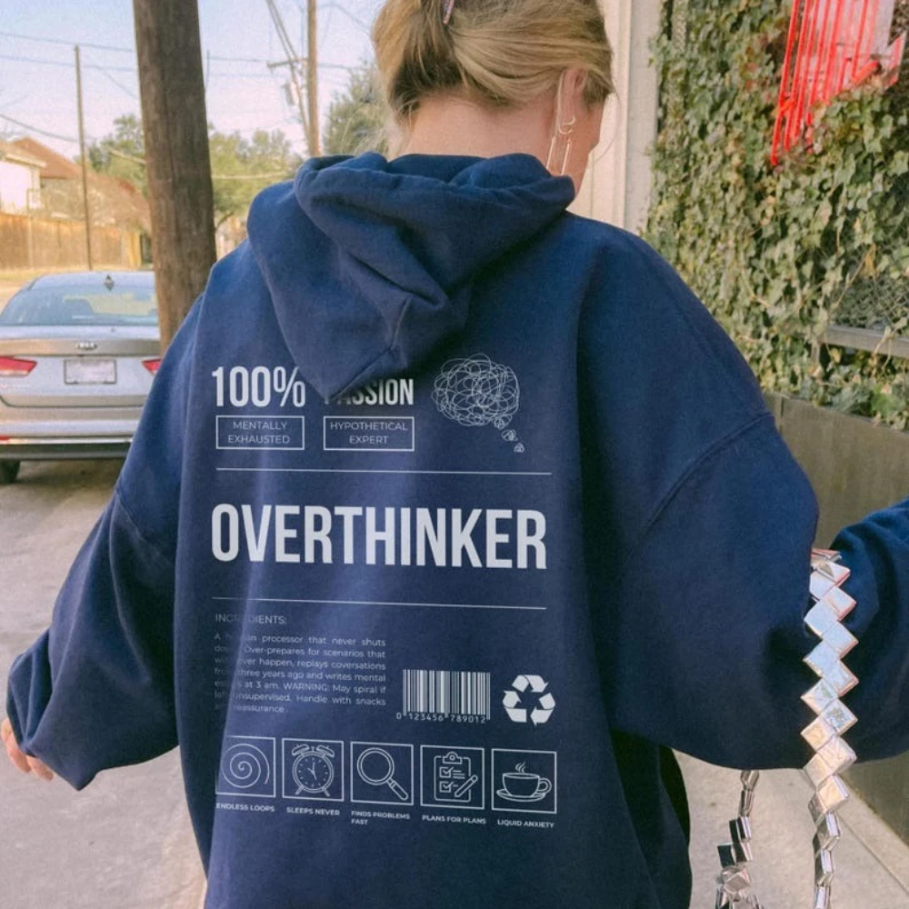 Фото Толстовка с капюшоном Overthinker, забавное психическое здоровье, Tumblr, эстетический подарок для самостоятельного ухода, комфортный зимне-осенний теплый повседневный свитер для девочек №2