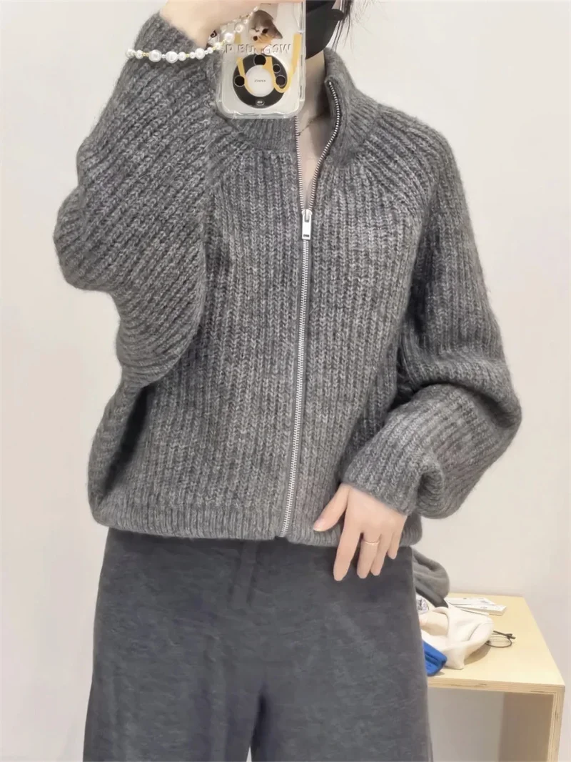 Женский вязаный серый кардиган на молнии свитер куртка с круглым вырезом