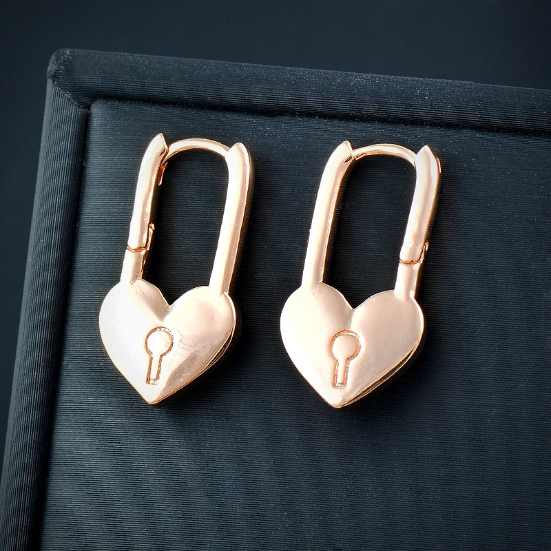 

SINLEERY korean fashion Love Heart Lock 585 Rose Gold Color Hoop Earring For Women wedding accessories Fashion Jewelry ZD1 SSP