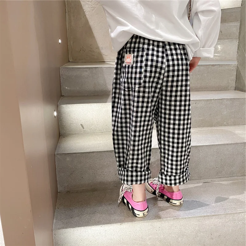 

Autumn Spring Black White Plaid Girls Trousers Fashion New Cotton Loose Casual Pants for Children