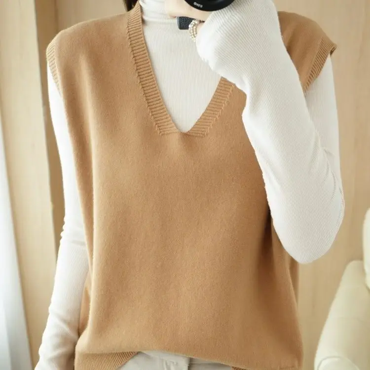 

Korean Vintage Knitted Sweater Vests Top Pullovers Sleeveless Unif Jumper Knitting Vest Woman V-Neck Casual Solid Waistcoat