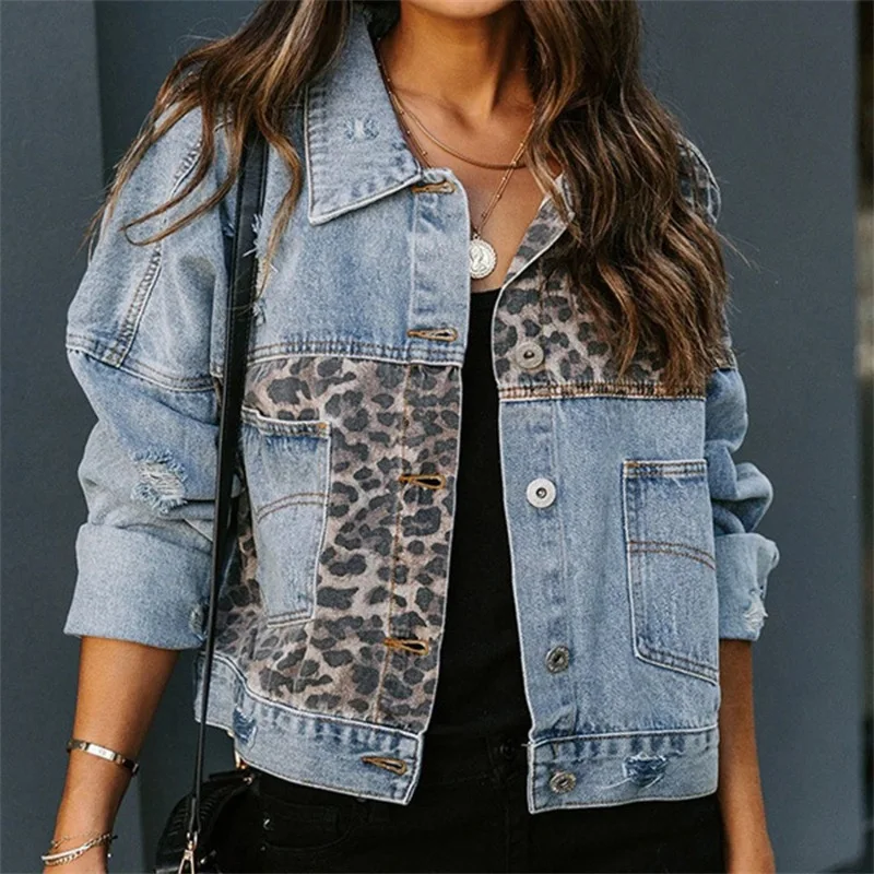 Women Denim Jacket 2022 Spring Vintage Coat Long Sleeve Singal Breasted Leopard-Print Casual Jean Outwear Female Top