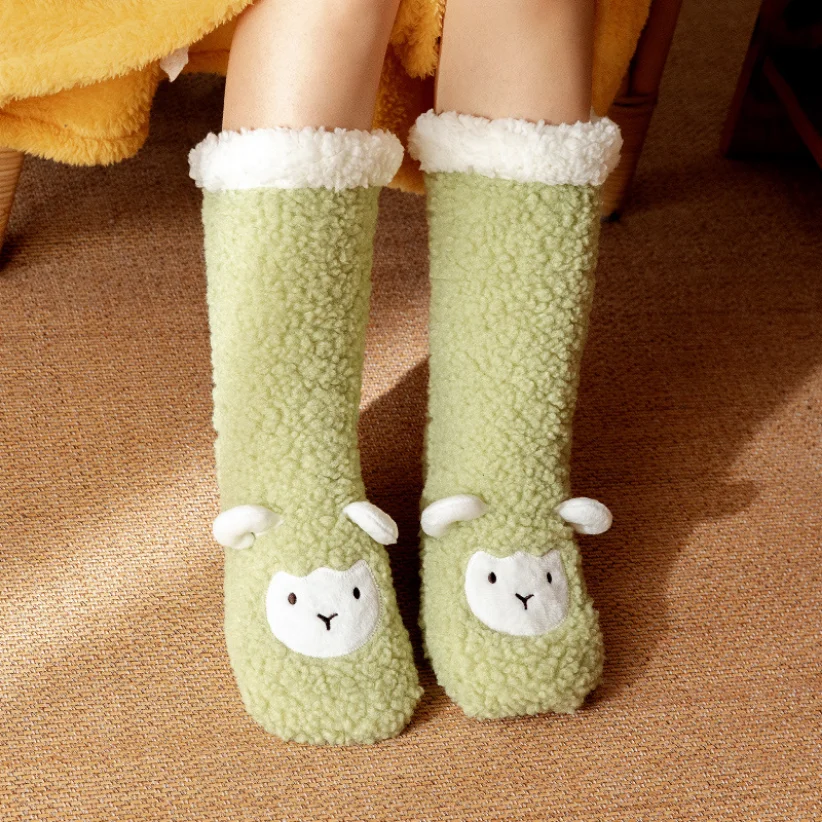 Kawaii fluffy Sock Thermal Womens Plush Grip Winter Warm Soft Female Home Indoor Silicone Non slip Thick Slipper Floor Sock