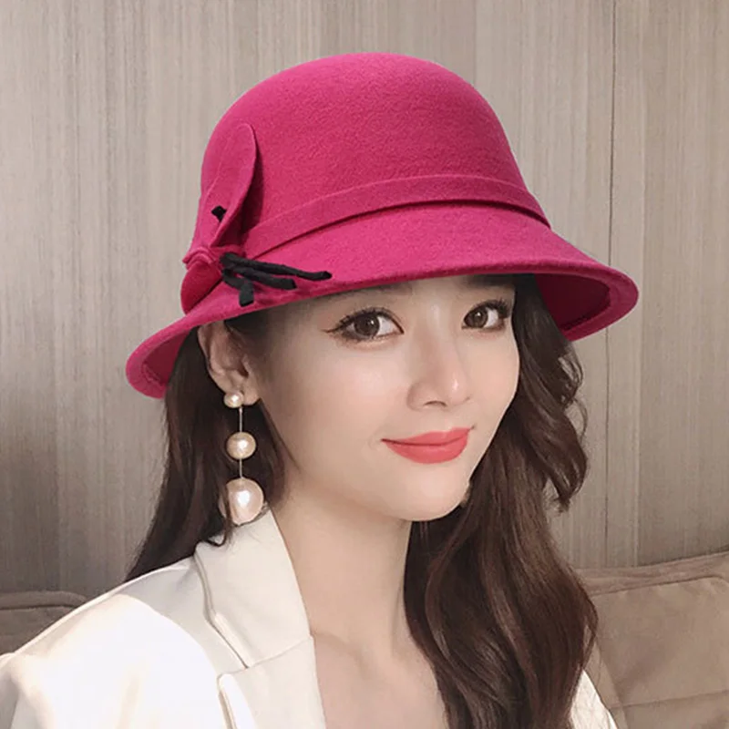 

Autumn Winter Fedoras Women Hat Elegant Vintage Bowknot Wool Ladies Hat Dome Felt Wedding Church Jazz Cap Female Bow Bowler 2022