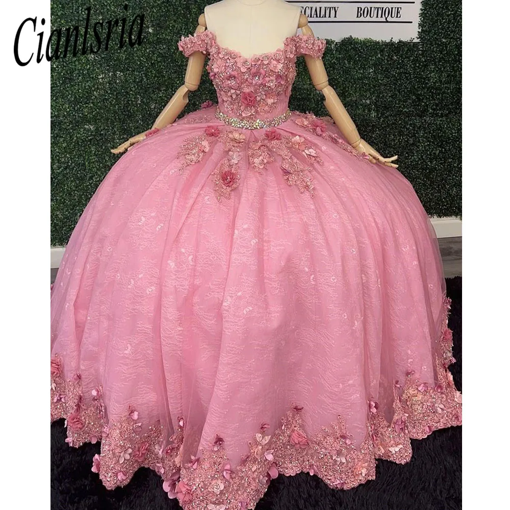 

Pink Luxury Quinceanera Dresses 2022 Off Shoulder 3D Flowers Princess Ball Gown Sweetheart Fluffy Sweetie 18 Dresses for Girl
