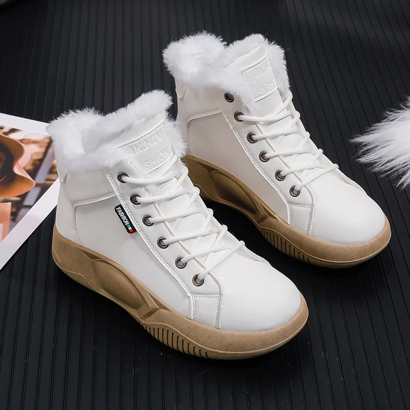 2023 winter women's shoes new fashion plus velvet high top small white shoes female students loafers cotton shoes