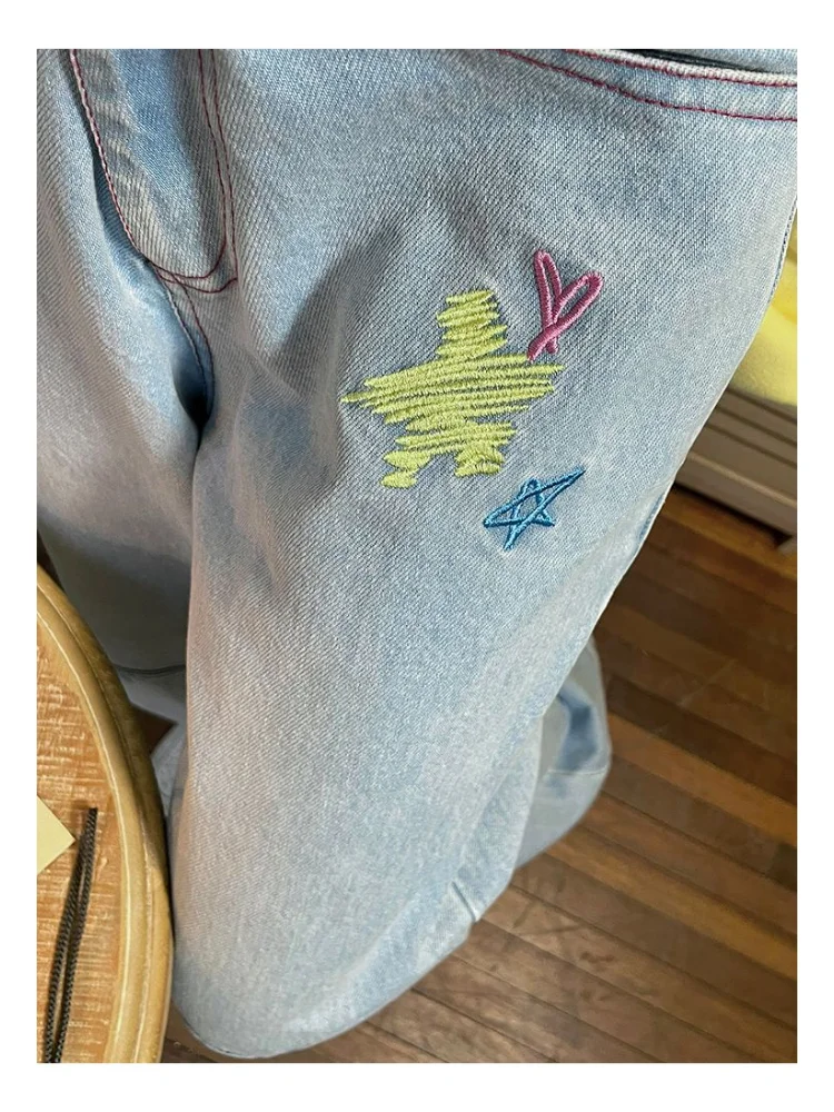 HOUZHOU Kawaii Blue Jeans Women Baggy Casual High Waist Cute Star Embroidery Jeans Wide Leg Denim Trousers Japanese Preppy Style