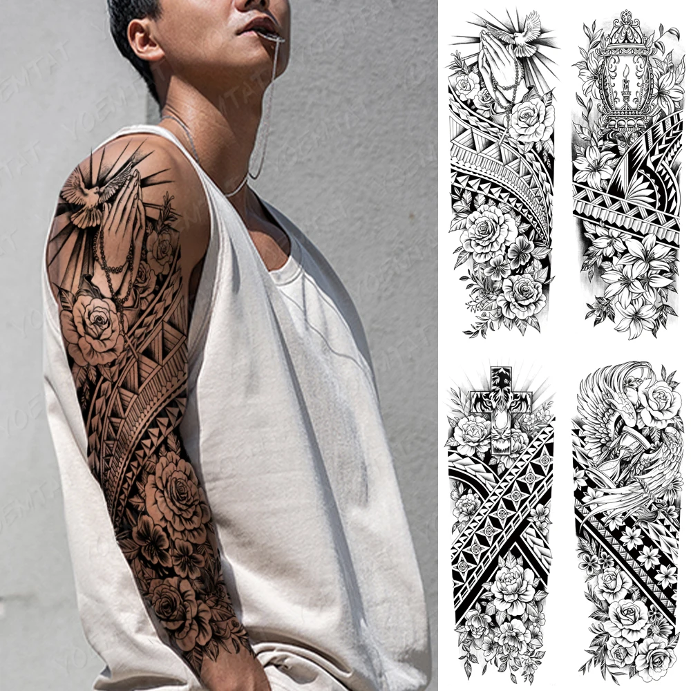 

Praying Hands Large Arm Waterproof Temporary Tattoo Sticker Peace Dove Peony Rose Lily Flower Gear Totem Fake Tattoos Women Men