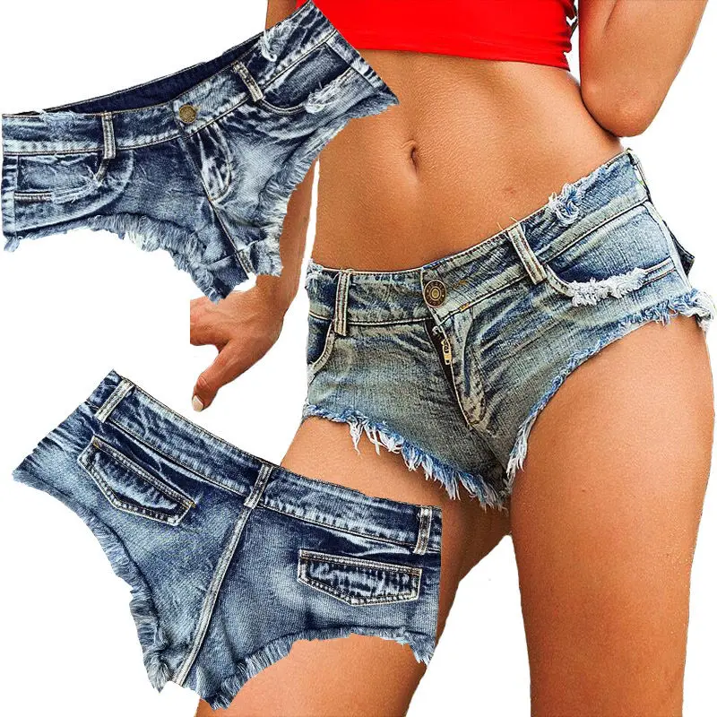 

2023 Ultra Low Waist Denim Shorts Tight Slim Women's Blue Hole Sexy Pole Dance Short Jeans Feminino