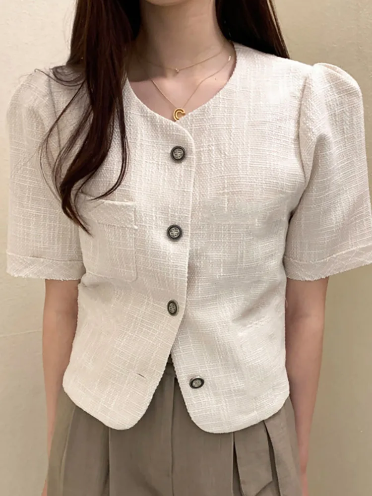 

Женская Элегантная блузка с коротким рукавом, рубашки на пуговицах с круглым вырезом, Элегантная блузка 2022 VONDA, винтажные однотонные топы, ж...