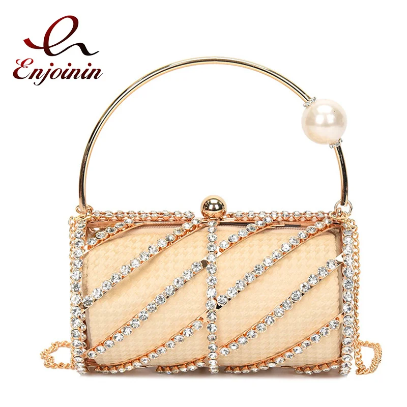 

Hollow Out Diamonds Evening Clutch Bag for Women Chic Barrel Shaped Metal Cage Purses and Handbags Female Chain Shoulder Bag