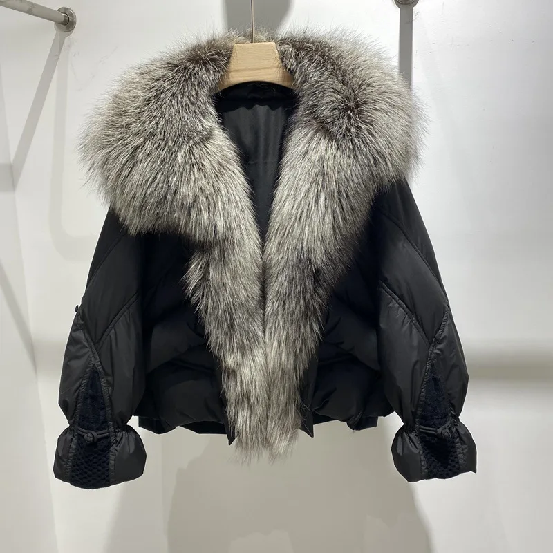 New White Goose Down Winter 2022 Women's Medium Length Fur Coat with Thick Warm Fox Fur Collar Coat Puffer Jacket Abrigos