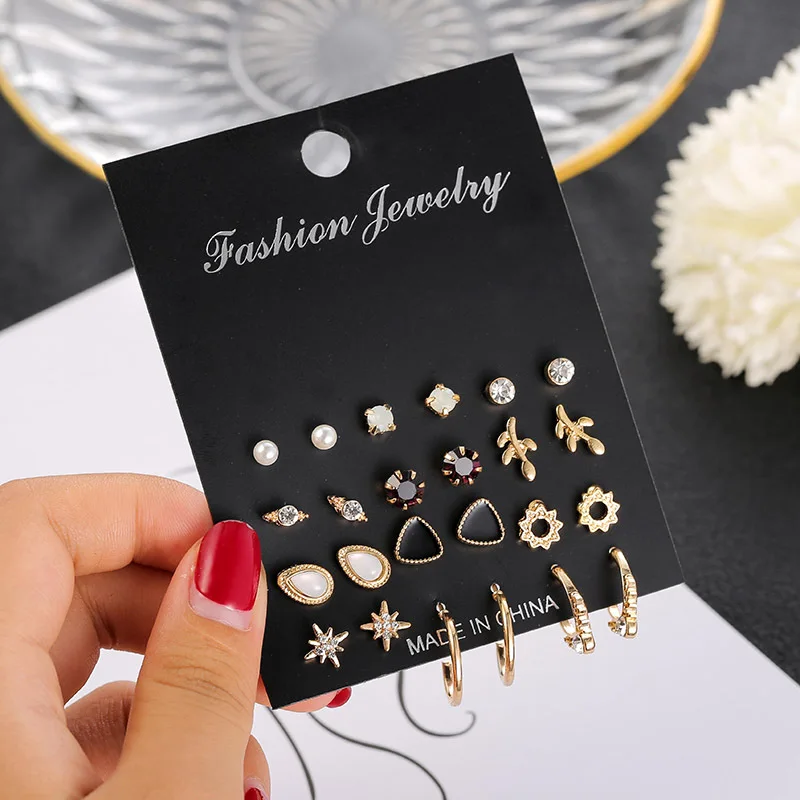 

Zircon Pearl Stud Earrings Set Fashion Geometric Oil Drop C-shaped Small Hoops Earring Party Jewelry