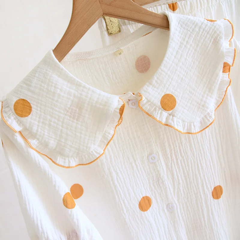 Spring and summer new women's pajamas short-sleeved trousers set 100%cotton crepe polka dot plus size two-piece home wear Ladies