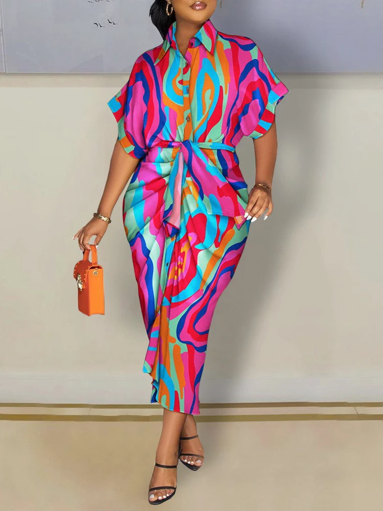 

Fashion Office Newspaper Print Slim Long Dresses For Women Elegant Turn-Down Collar LaceUp Dress Summer Short Sleeve Shirt Dress